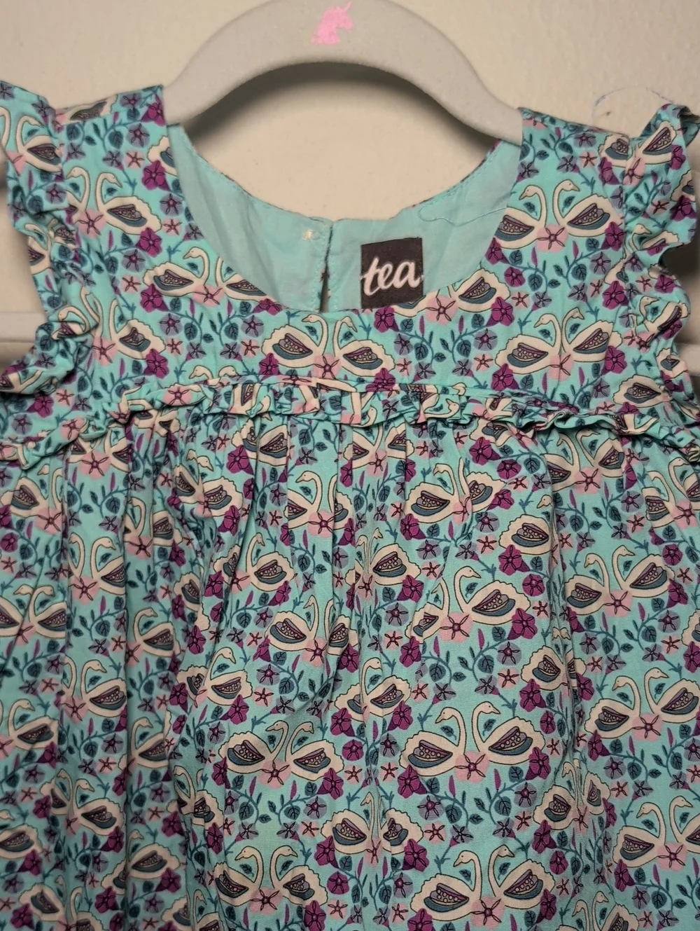 Tea Collection Floral Swans Babydoll Dress Aqua Purple Flutter Sleeve 12-18M